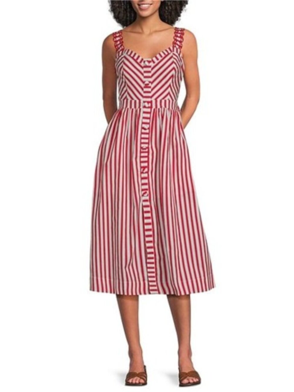 Skies Are Blue Petite Size Striped Sweetheart Neck Sleeve Line Midi Dress